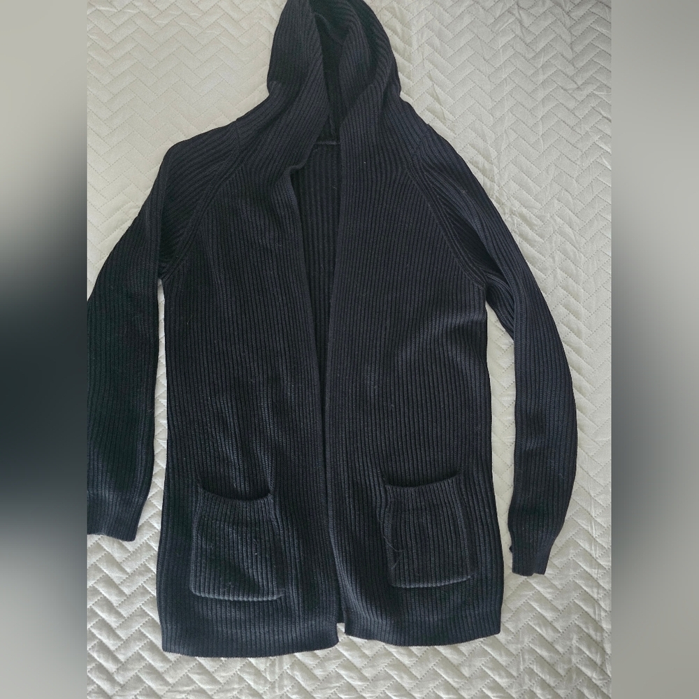 REPEAT black cotton knit ribbed hooded cardigan sweater